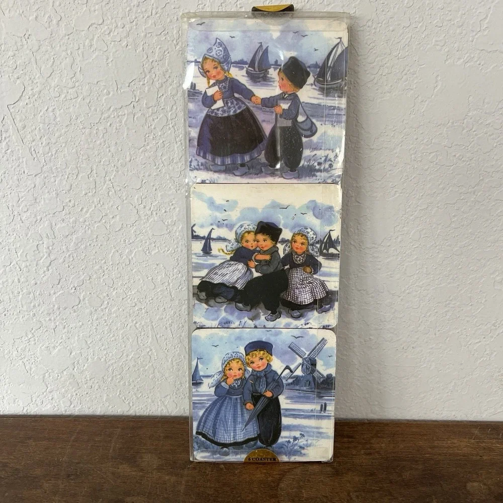 6 Dutch Scenes Blue Boy and Girl Cork board Back Drink Coasters‎ Barware Decor